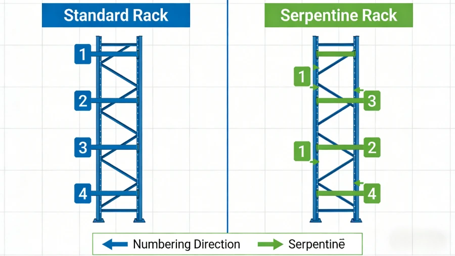 standard vs serpentine warehouse rack labeling diagram showing numbering direction differences standard vs serpentine warehouse rack labeling diagram showing numbering direction differences