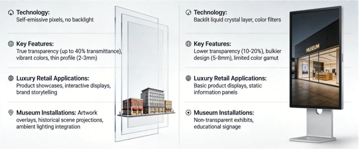 Comparison of transparent OLED versus LCD display technology for luxury retail and museum installations