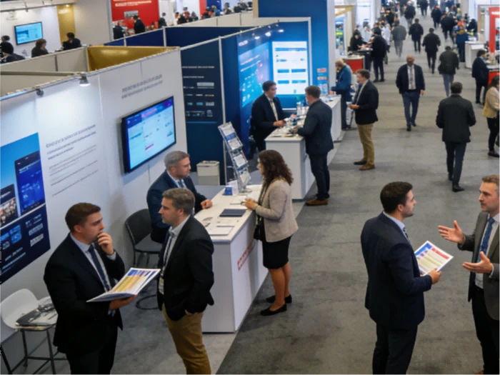 Trade show floor with attendees interacting with exhibitor booths, highlighting the challenge of lead quality and event lead conversion Trade show floor with attendees interacting with exhibitor booths, highlighting the challenge of lead quality and event lead conversion